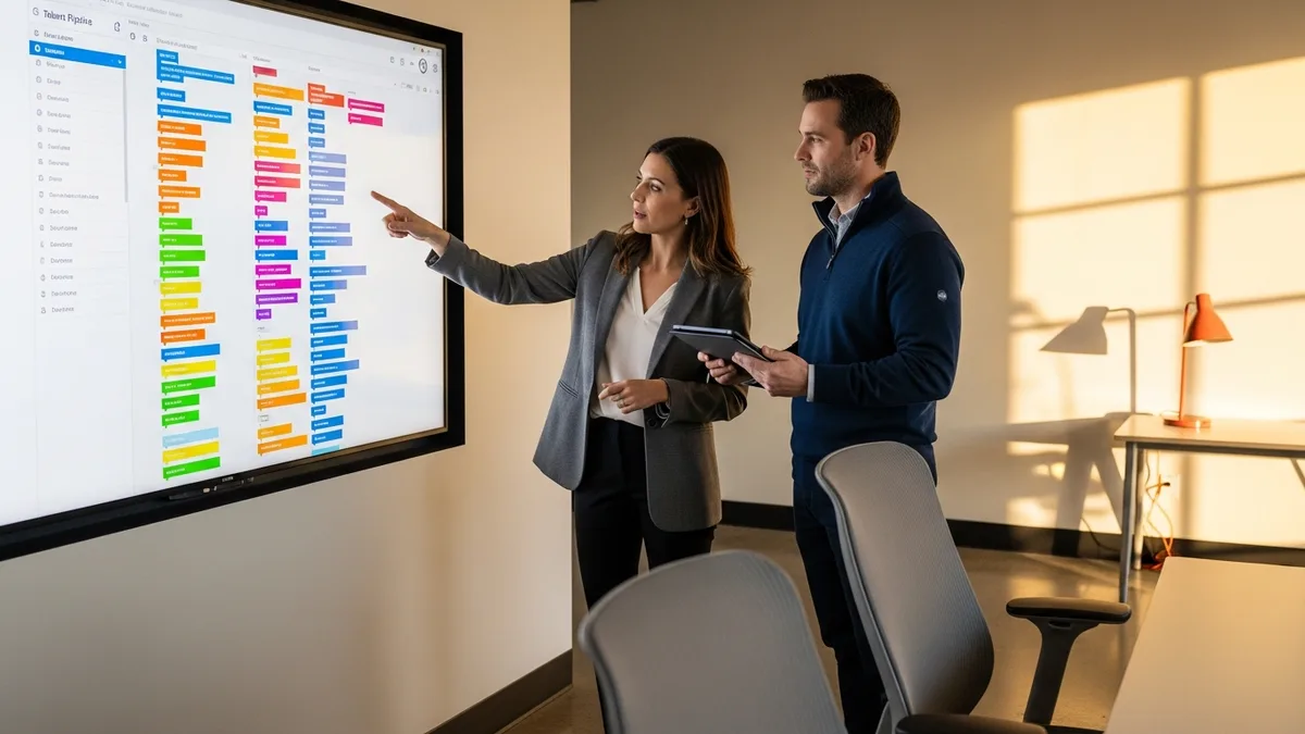 Recruiter and hiring manager reviewing a kanban-style talent pipeline board on a wall monitor in a modern conference room