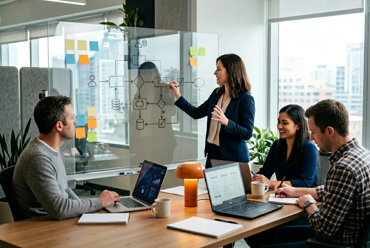 Senior business analyst leading a requirements workshop with product and engineering stakeholders around a whiteboard