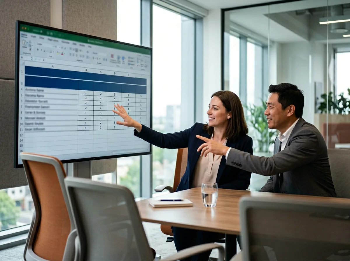 KORE1 recruiter and hiring manager reviewing a shortlist of business analyst candidates with role scoring matrix on screen