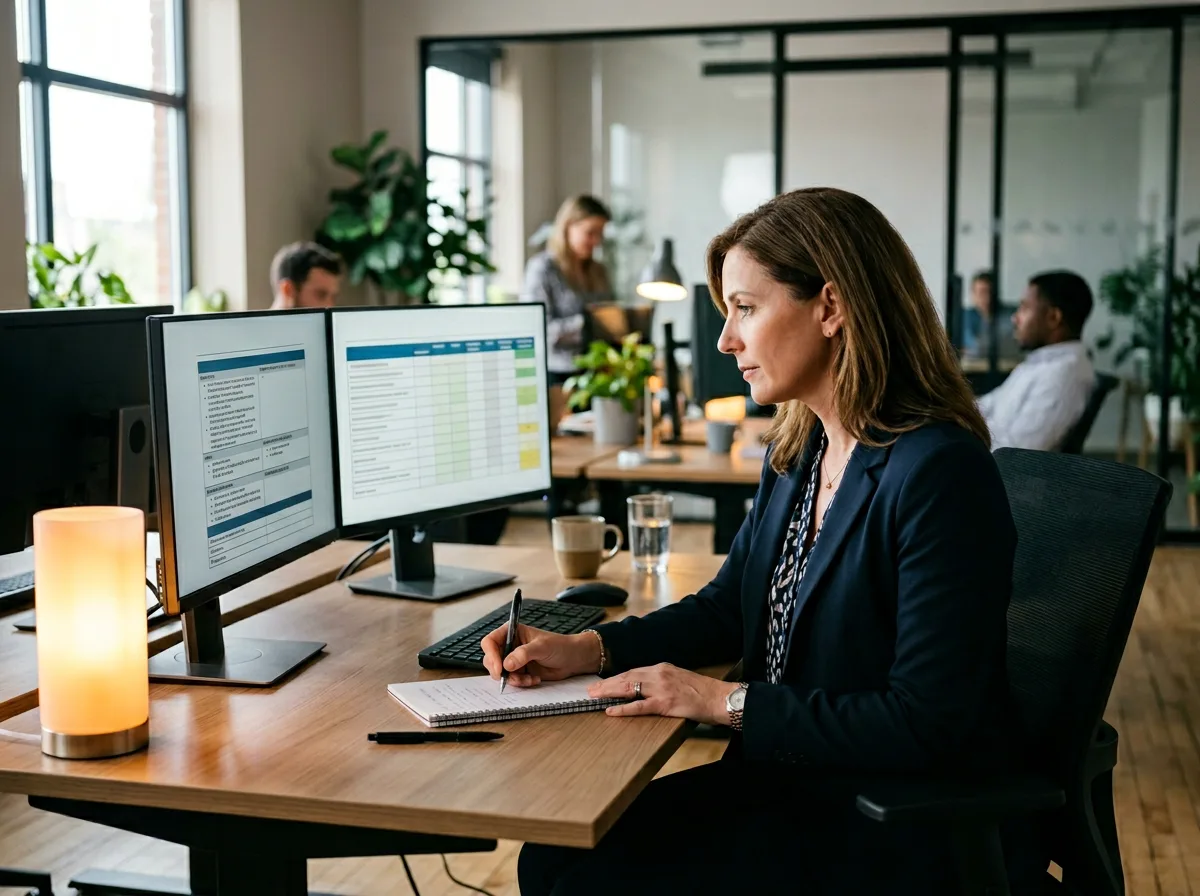 KORE1 recruiter reviewing a business analyst candidate's requirements artifact portfolio on a dual monitor setup