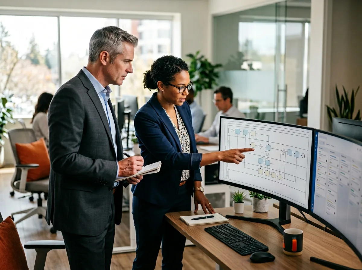 Business analyst walking a stakeholder through a process map and requirements traceability matrix on a large monitor