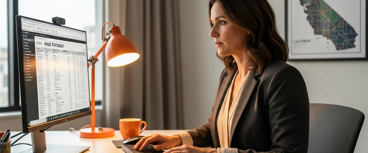 California payroll specialist reviewing employee wage statements for state compliance