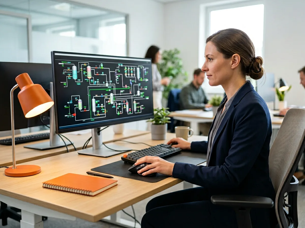 Chemical process engineer reviewing P&ID process flow diagrams at an engineering workstation — KORE1 chemical engineering staffing