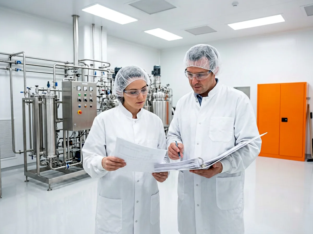 Process engineers in pharmaceutical GMP manufacturing environment reviewing batch documentation and chemical process validation records