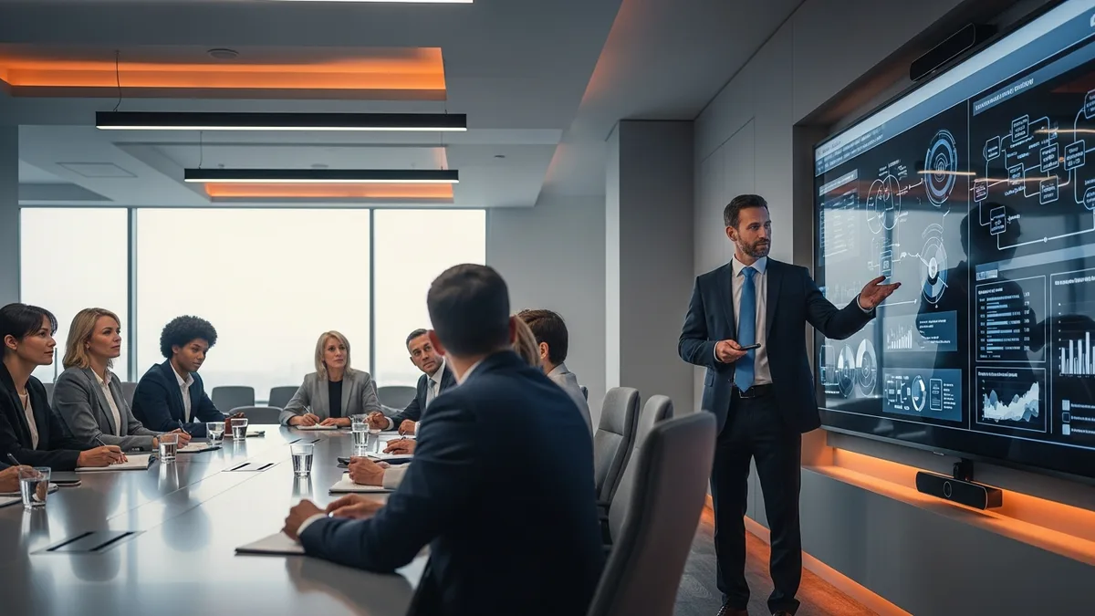 CIO presenting enterprise technology and AI strategy to a board of directors in a modern corporate boardroom