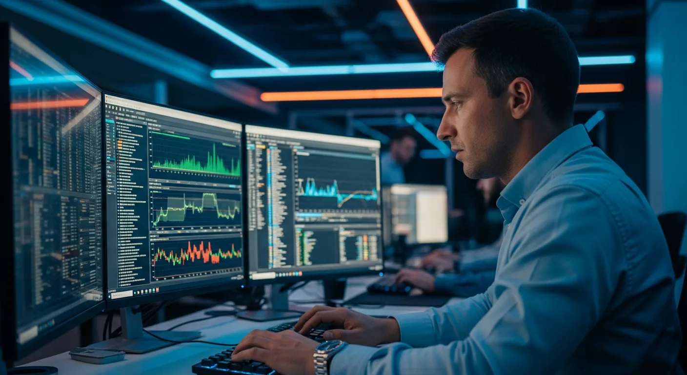 IT engineer working at multi-monitor workstation in operations center on CIO career path