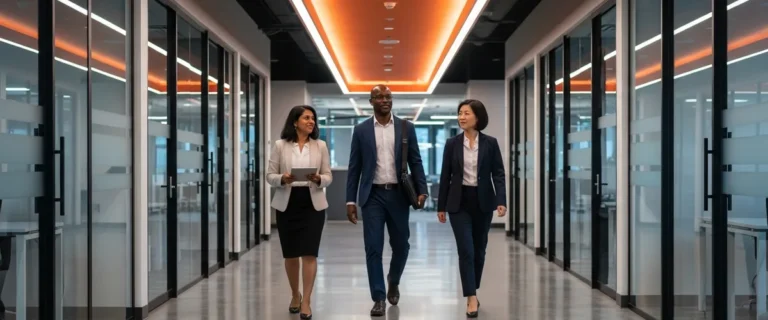 CIO CTO and CISO executive leadership team in modern corporate office environment