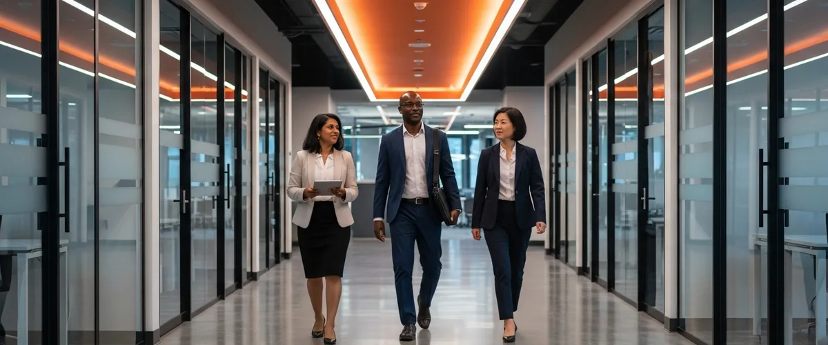 CIO CTO and CISO executive leadership team in modern corporate office environment