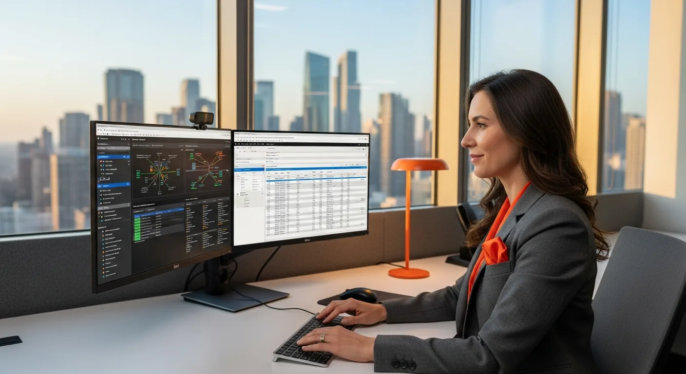 Chief Information Officer reviewing IT infrastructure dashboards and budget at executive desk