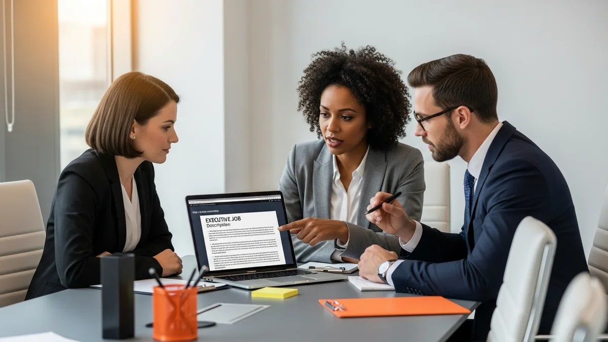 Hiring committee and HR executives editing a Chief Information Officer job description template on a laptop in a conference room