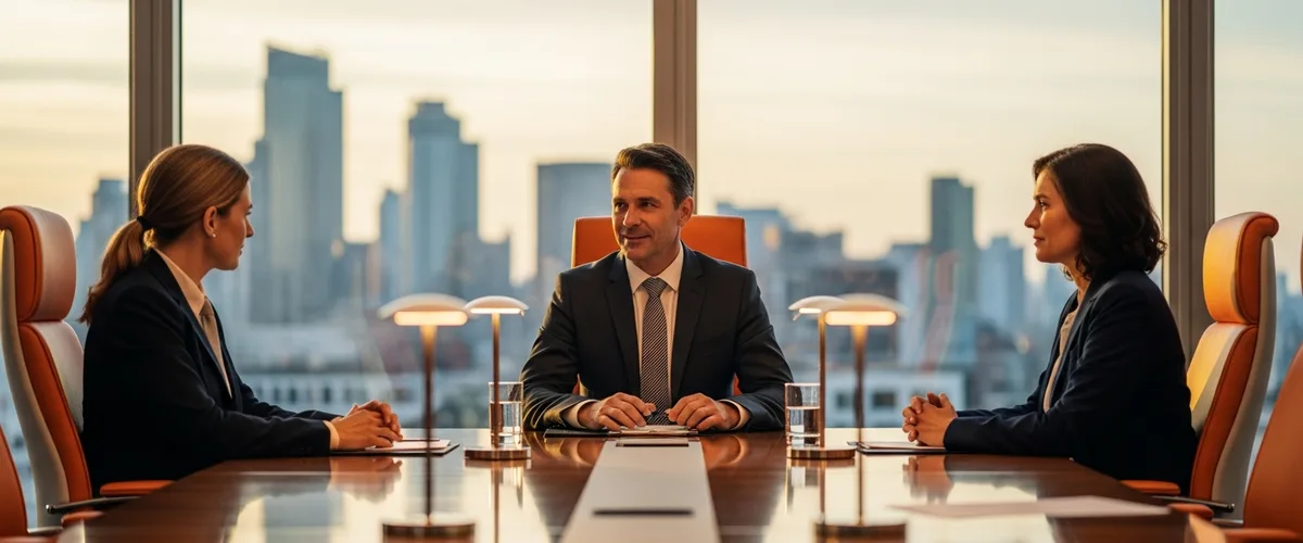 Chief Information Officer in executive boardroom with CEO and CFO discussing technology strategy for the 2026 CIO job description