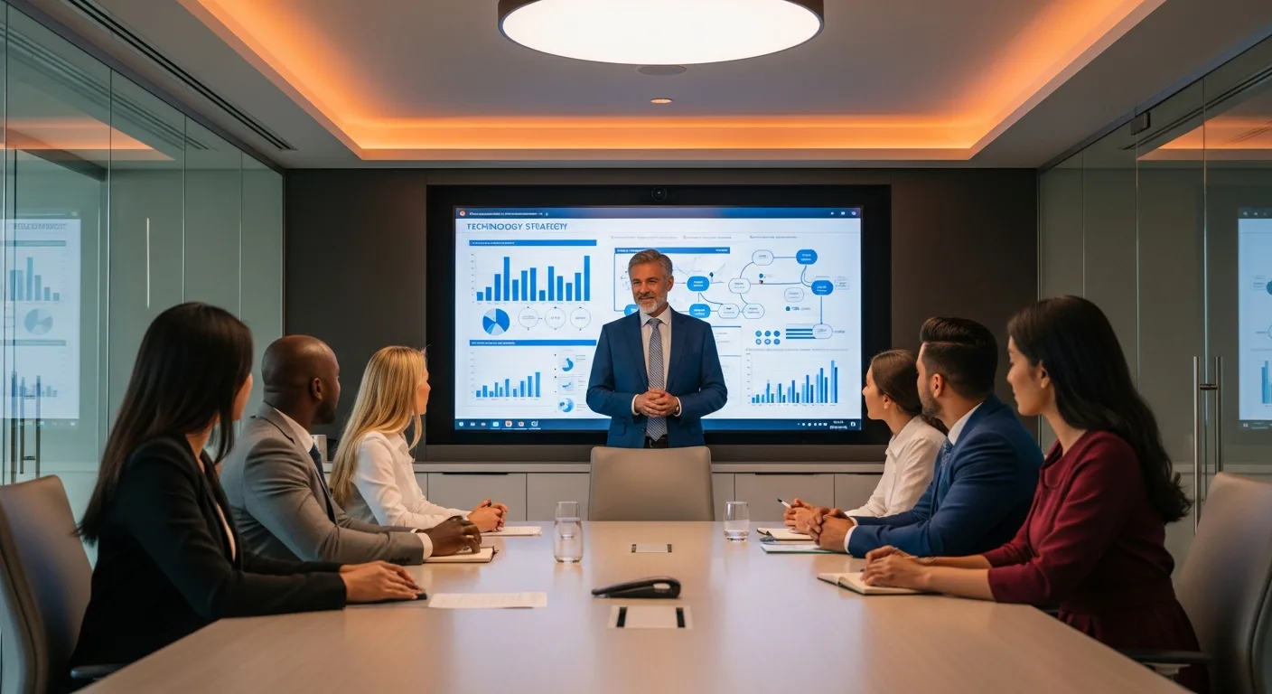 CIO presenting technology strategy roadmap to executive team in corporate boardroom