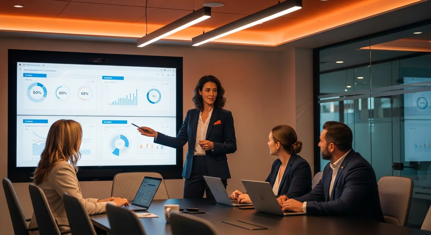 CIO and technology executives discussing salary benchmarks and IT strategy in a modern corporate boardroom