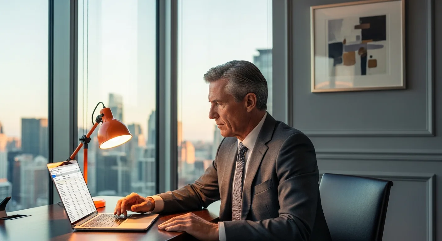 Senior executive reviewing CIO compensation data on laptop in a modern corner office