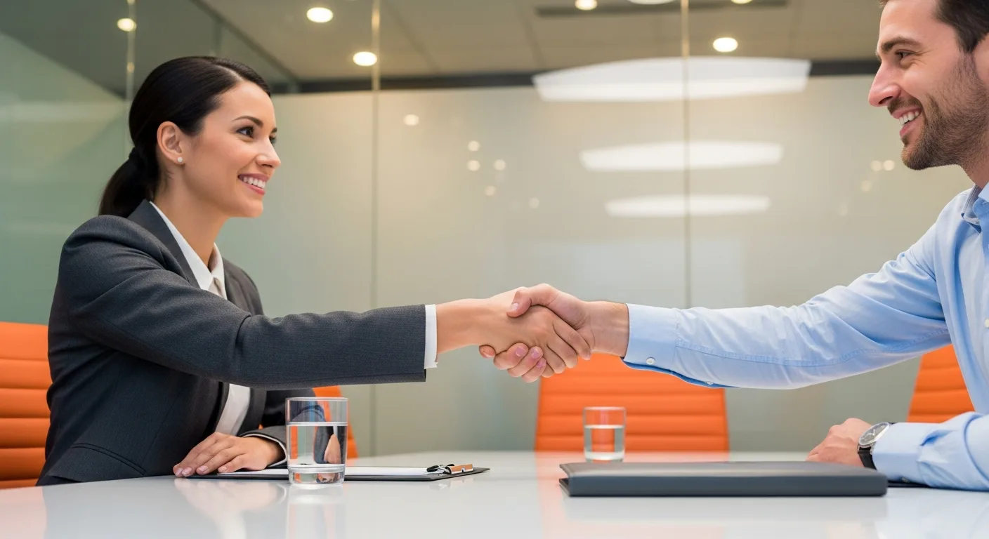 CIO candidate and hiring manager shaking hands during an executive technology interview