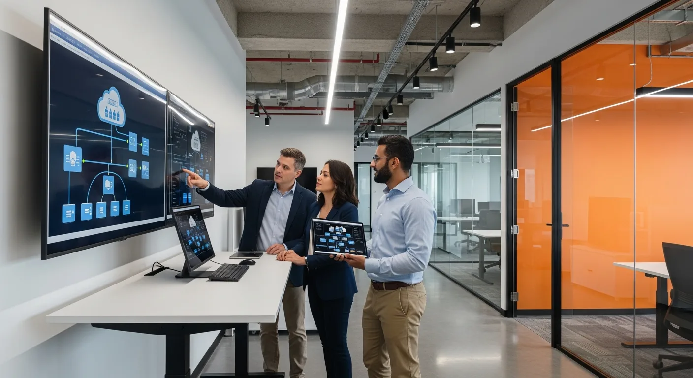 IT leadership team collaborating on cloud infrastructure and technology projects in an open-plan office