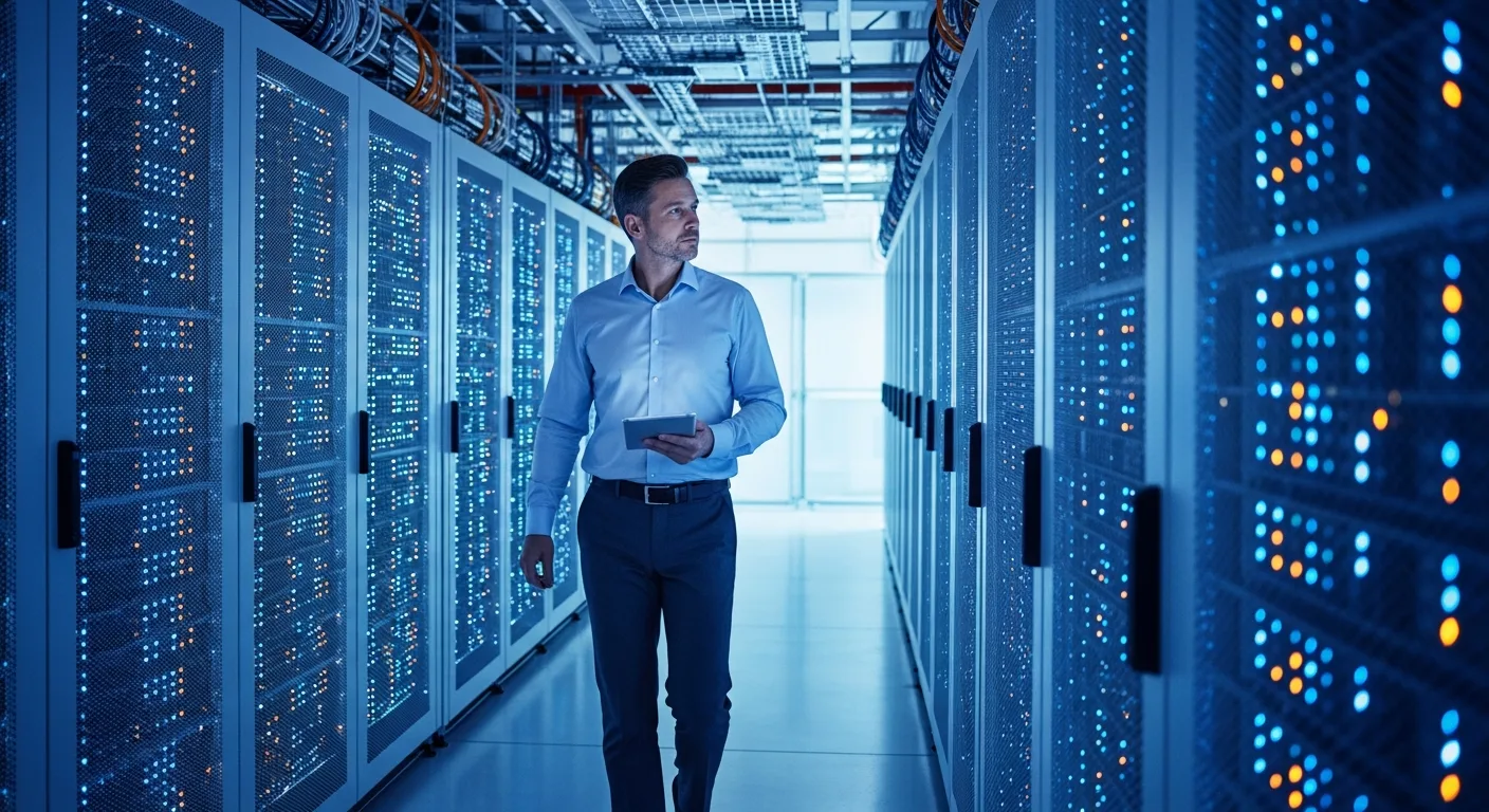 Technology executive reviewing server infrastructure in modern data center