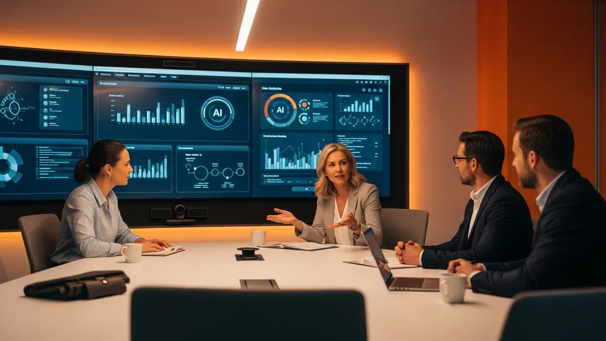 Chief Information Officer leading a technology strategy meeting with AI governance and enterprise data dashboards visible on display