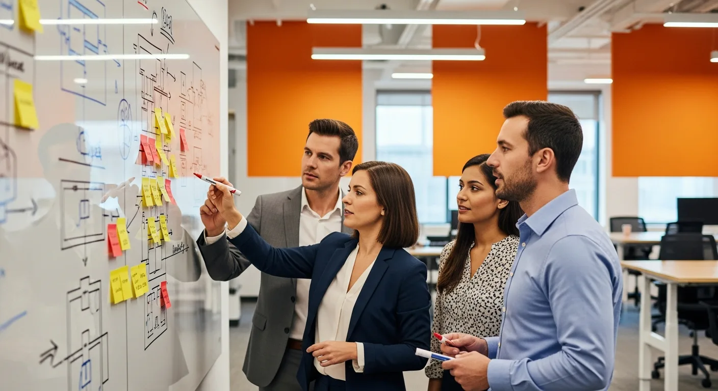 Technology leadership team collaborating on IT architecture planning at whiteboard