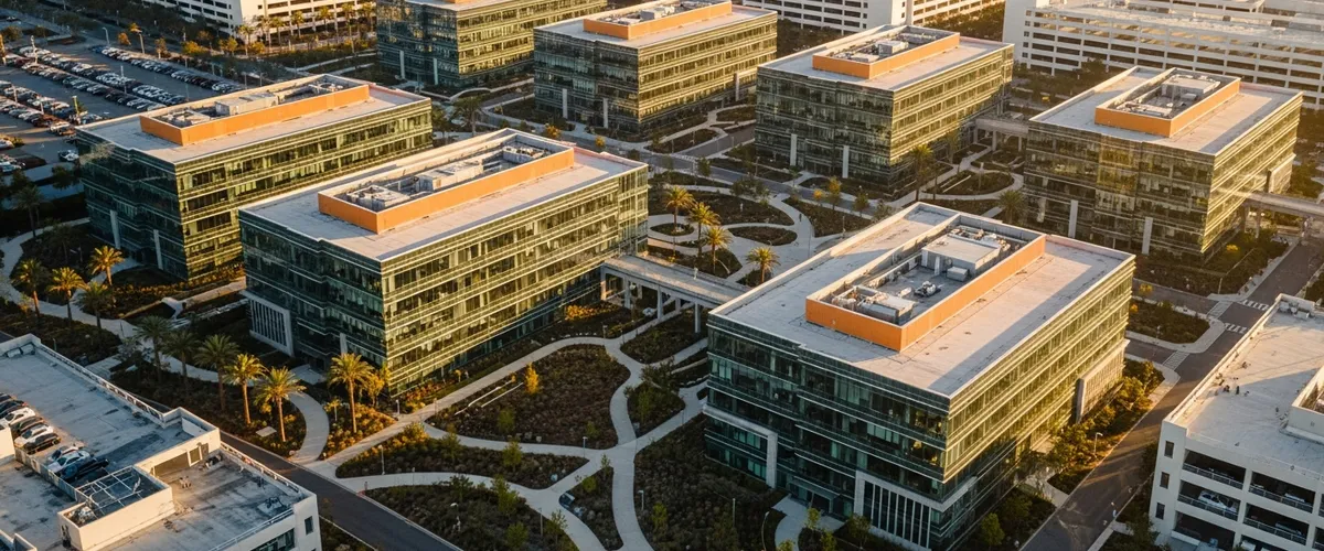 Silicon Valley tech corporate campus at golden hour representing Cisco layoffs 2026