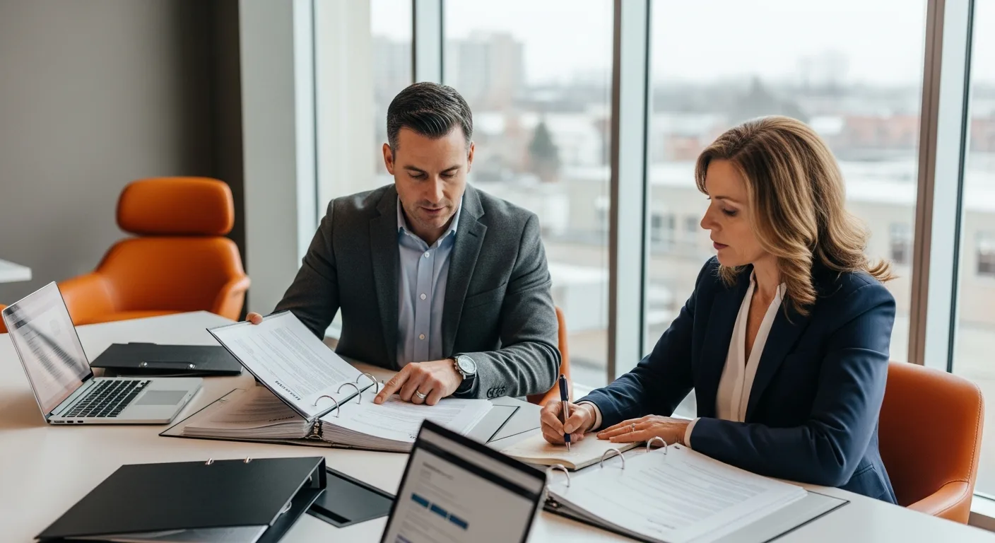 CISO reviewing SOC 2 Type 2 audit binders and compliance evidence with an external compliance auditor at a conference table in a modern office