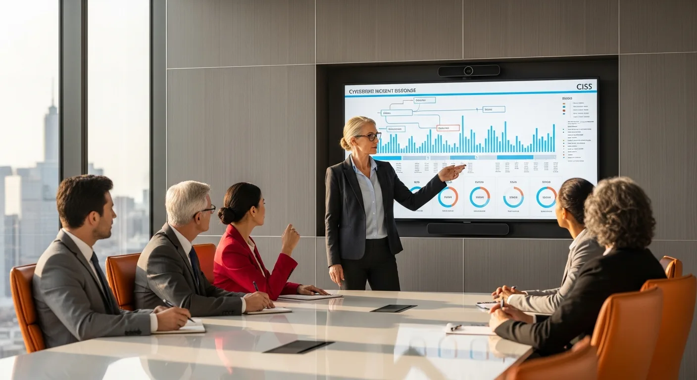 Chief Information Security Officer briefing a corporate board of directors on cybersecurity incident response and SEC cybersecurity disclosure obligations in a modern boardroom