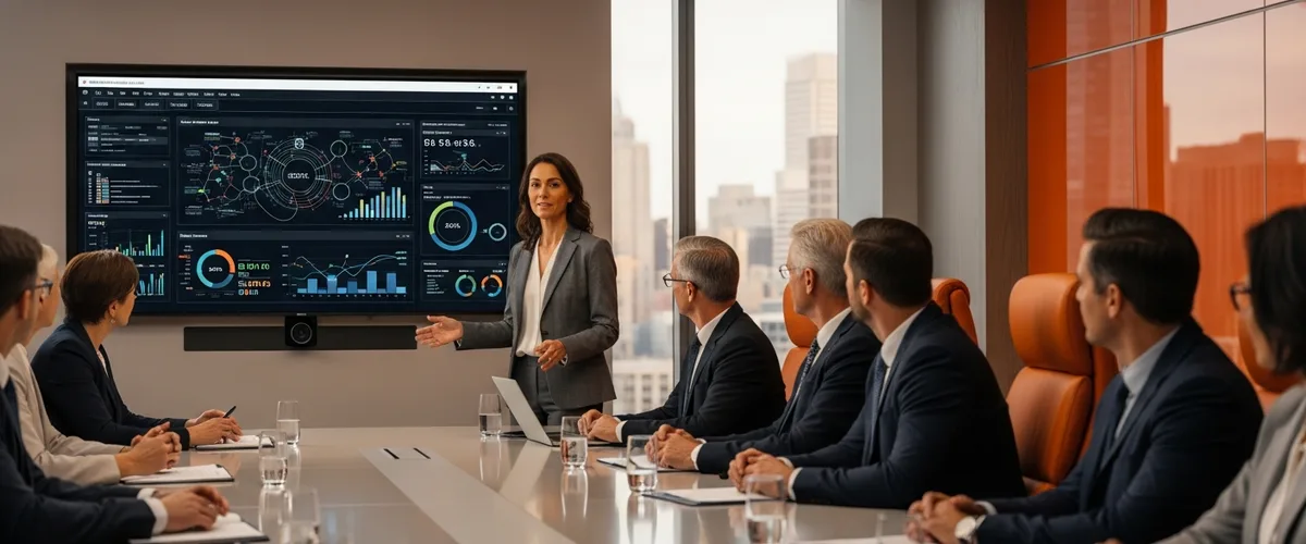 Chief Information Security Officer presenting a cybersecurity risk and SEC disclosure dashboard to a corporate board of directors in a modern boardroom