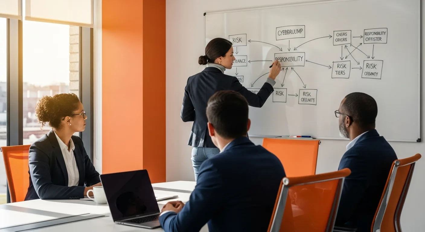 Chief Information Security Officer whiteboarding a cybersecurity governance and risk tier framework with senior security team members in a modern conference room