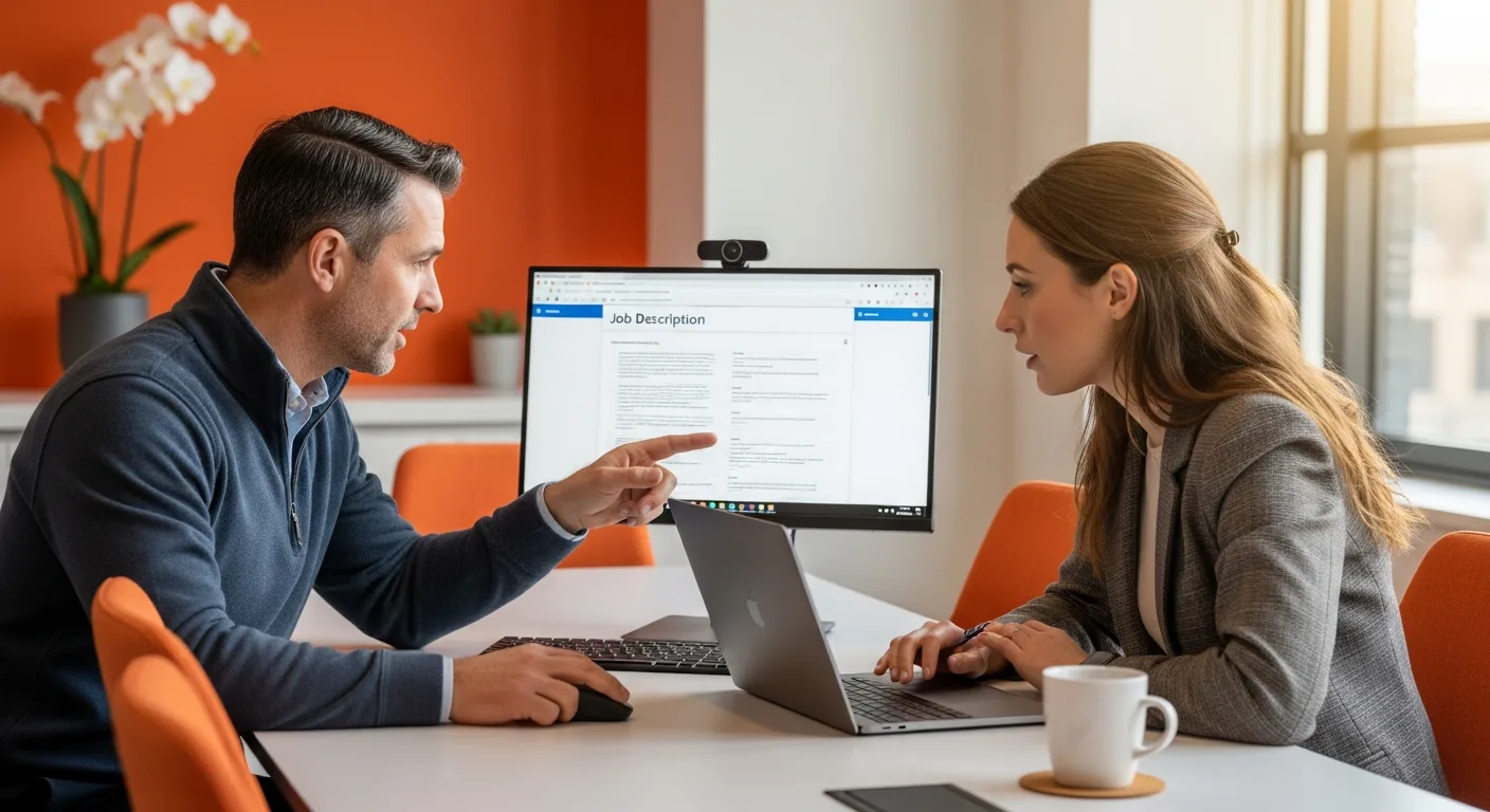 Hiring manager and HR partner sitting together reviewing and editing a Chief Information Security Officer job description template on a monitor and laptop in a modern office