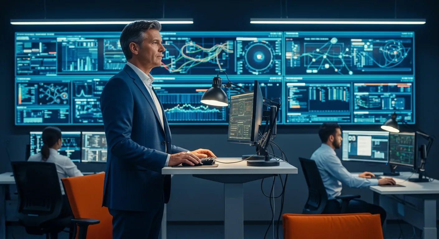 CISO reviewing live cybersecurity dashboards and SIEM threat indicators on a wall of monitors in a modern Security Operations Center
