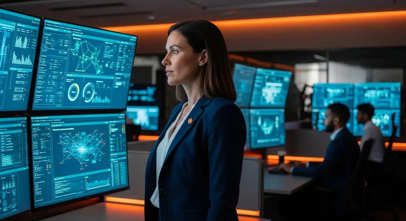 CISO reviewing cybersecurity threat dashboards in security operations center