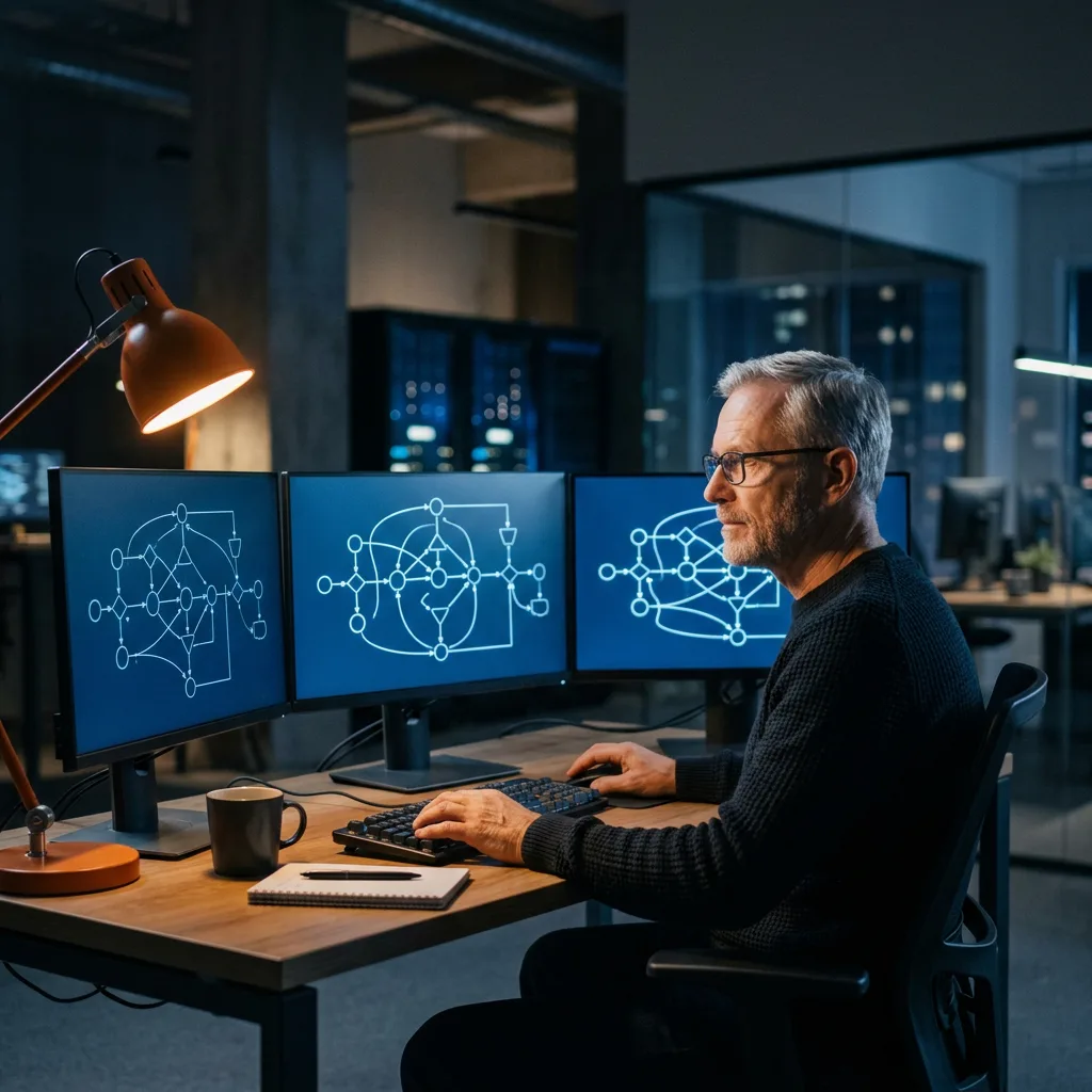 AI agent platform architect reviewing LangGraph workflow diagrams on multiple monitors