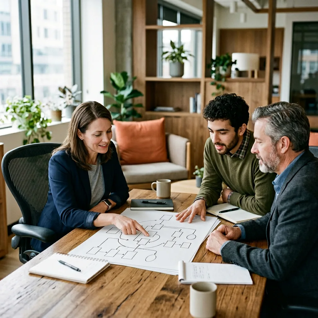 Fractional cloud architect reviewing a migration roadmap with a CIO and platform engineer