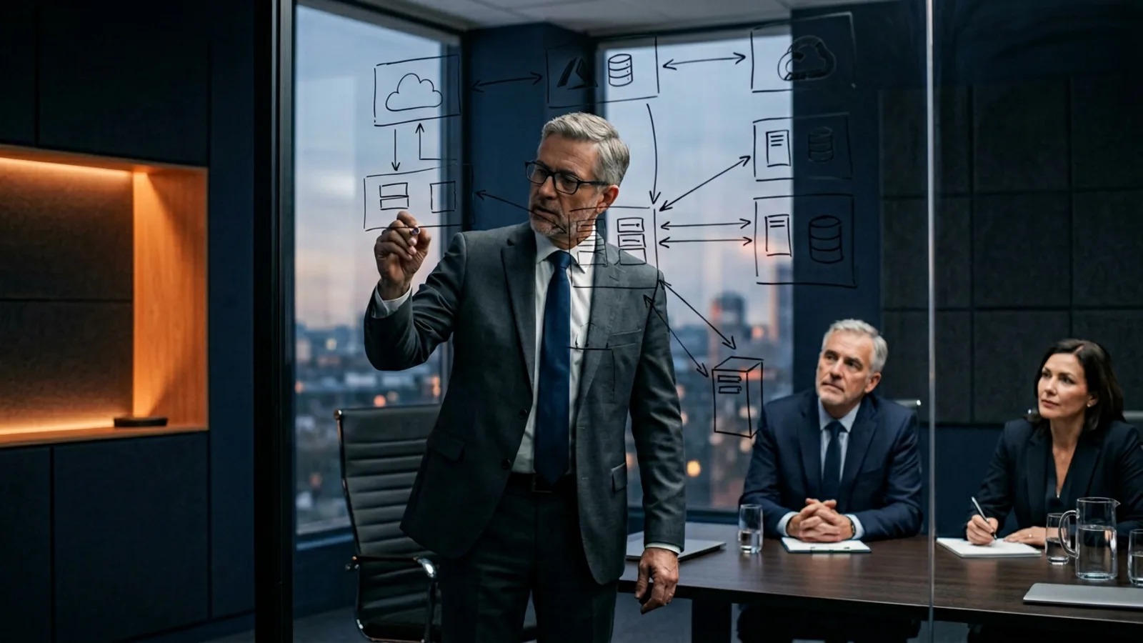 Cloud architect presenting a multi-cloud topology diagram to enterprise leadership