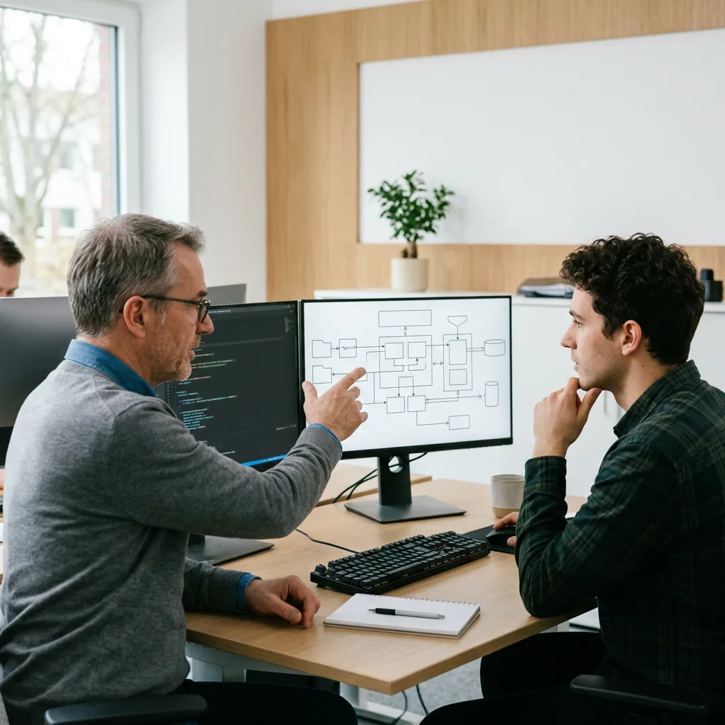 Cloud architect and engineer comparing architecture diagrams at a dual-monitor workstation