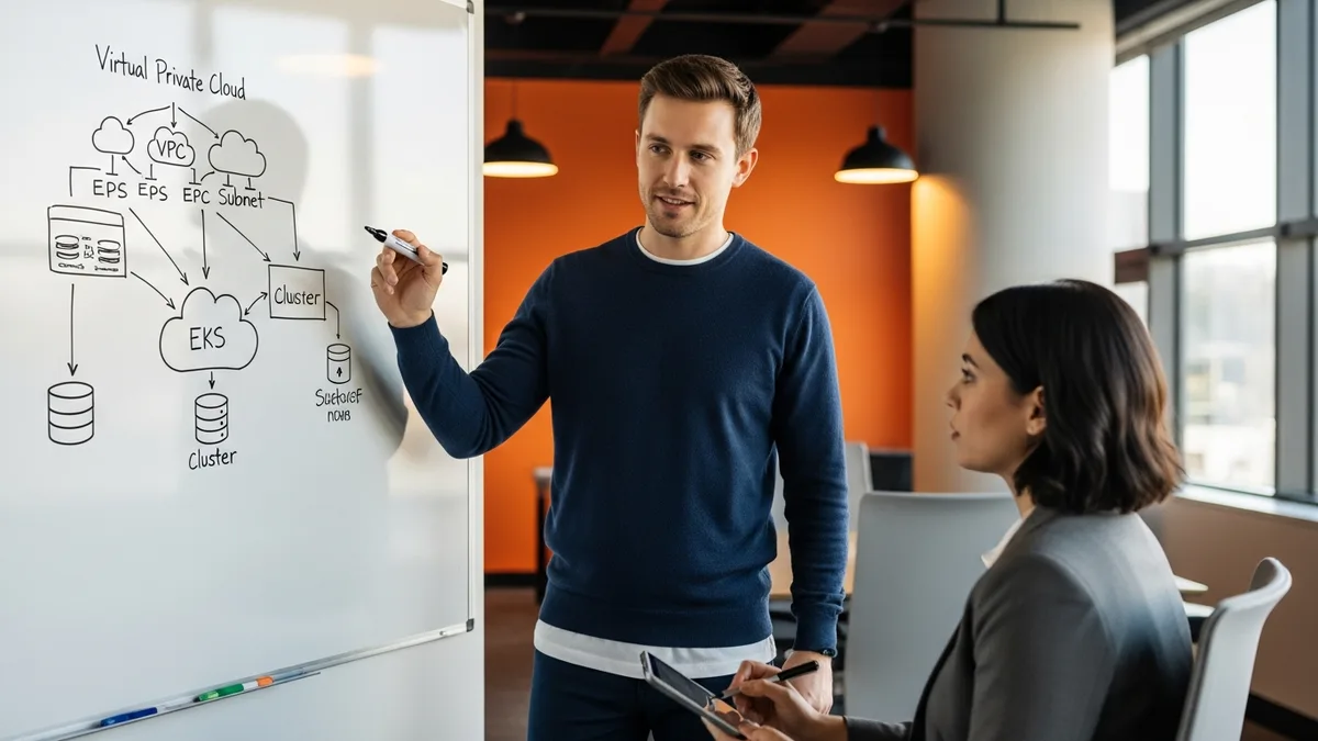 Cloud engineer candidate at whiteboard sketching a VPC, EKS cluster, and database architecture during a technical interview