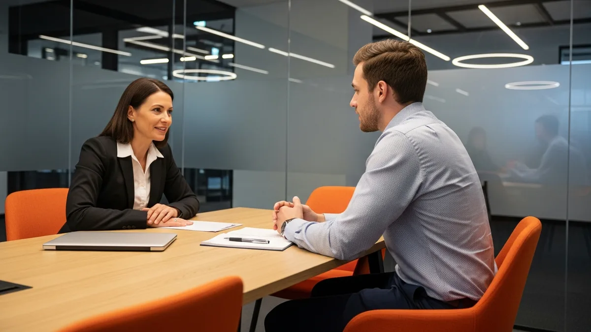 Hiring manager interviewing cloud engineer candidate in modern conference room during technical cloud engineering job interview