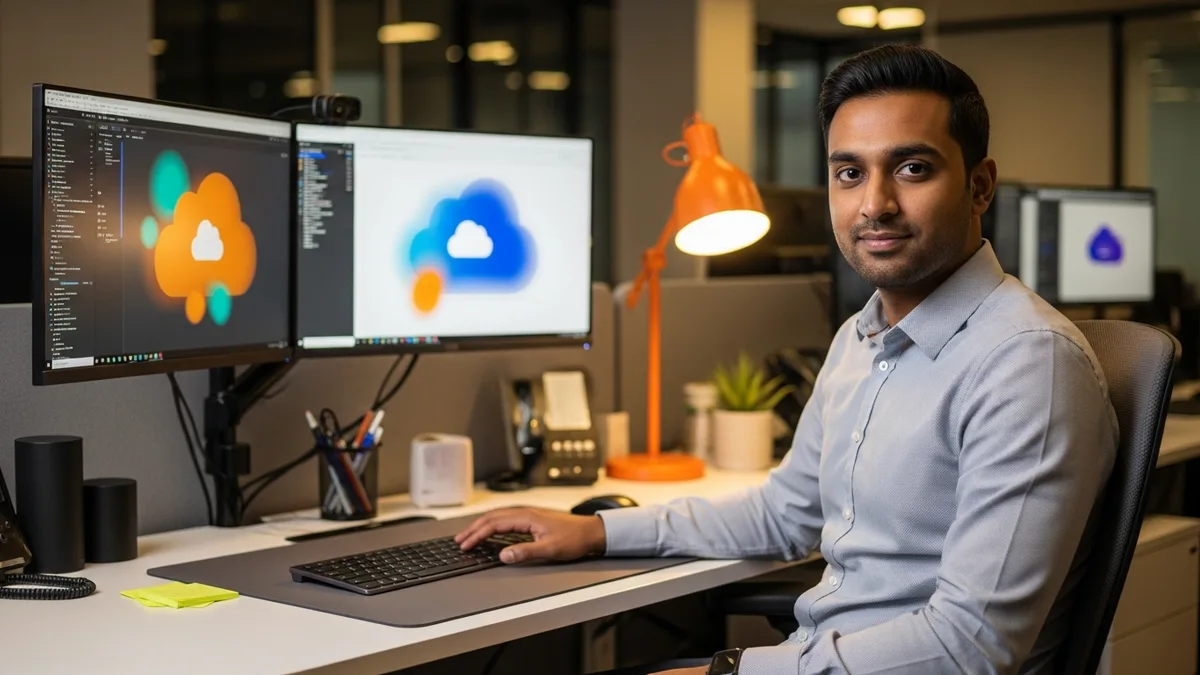 Cloud engineer at dual-monitor workstation reviewing AWS console and Terraform code for cloud engineering interview preparation