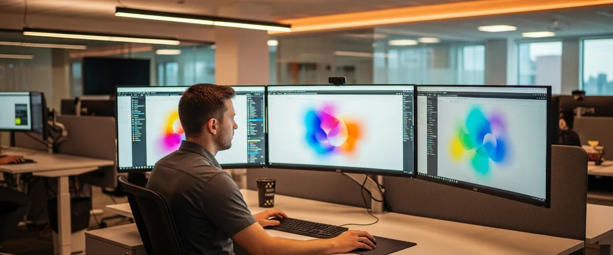 Cloud engineer at modern tech office workstation with orange accent lighting reviewing cloud infrastructure dashboards