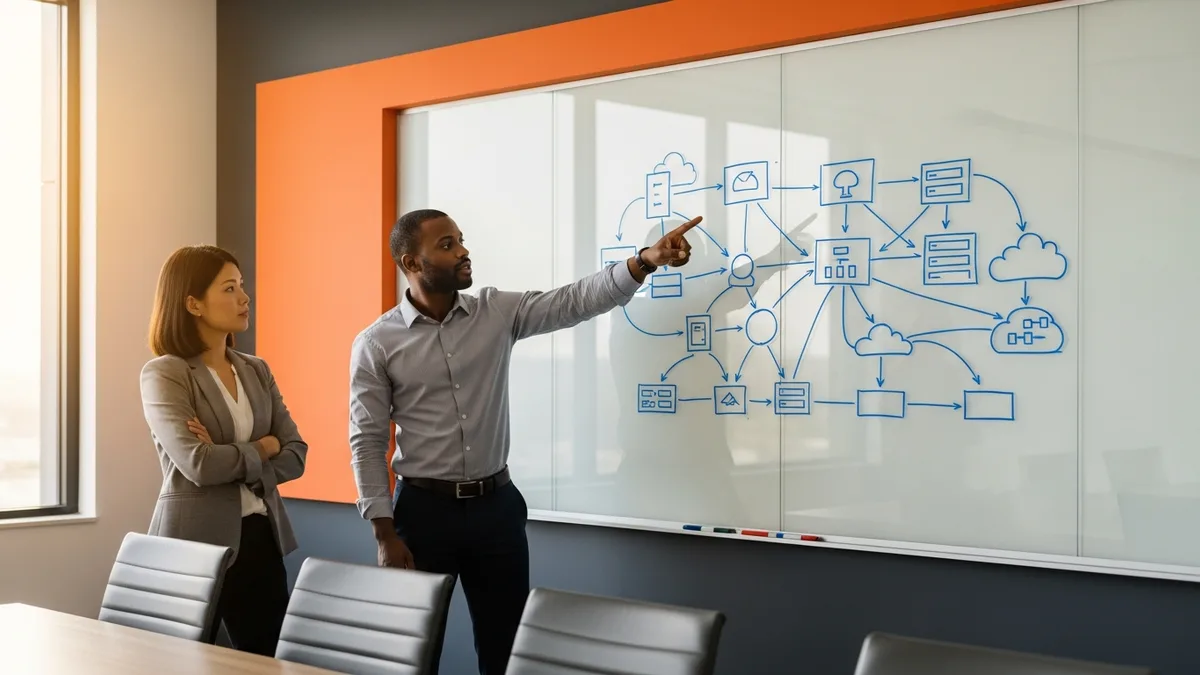Cloud engineers at whiteboard reviewing cloud infrastructure architecture diagram during technical system design interview