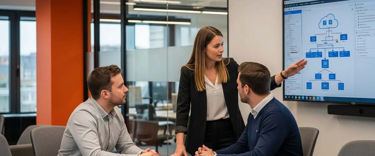 Diverse cloud engineering team collaborating around a conference table while reviewing a job description and AWS architecture diagram