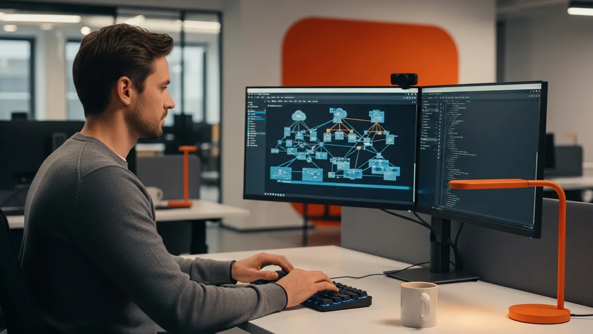 Cloud engineer at dual-monitor workstation reviewing AWS infrastructure dashboards and Terraform code in a modern tech office