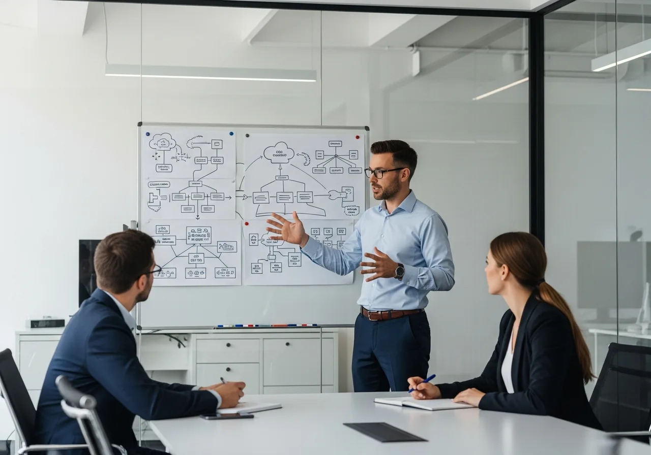 Cloud architect reviewing infrastructure diagrams with engineering team