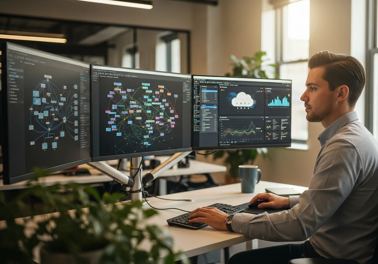 Cloud infrastructure engineer reviewing network architecture at workstation