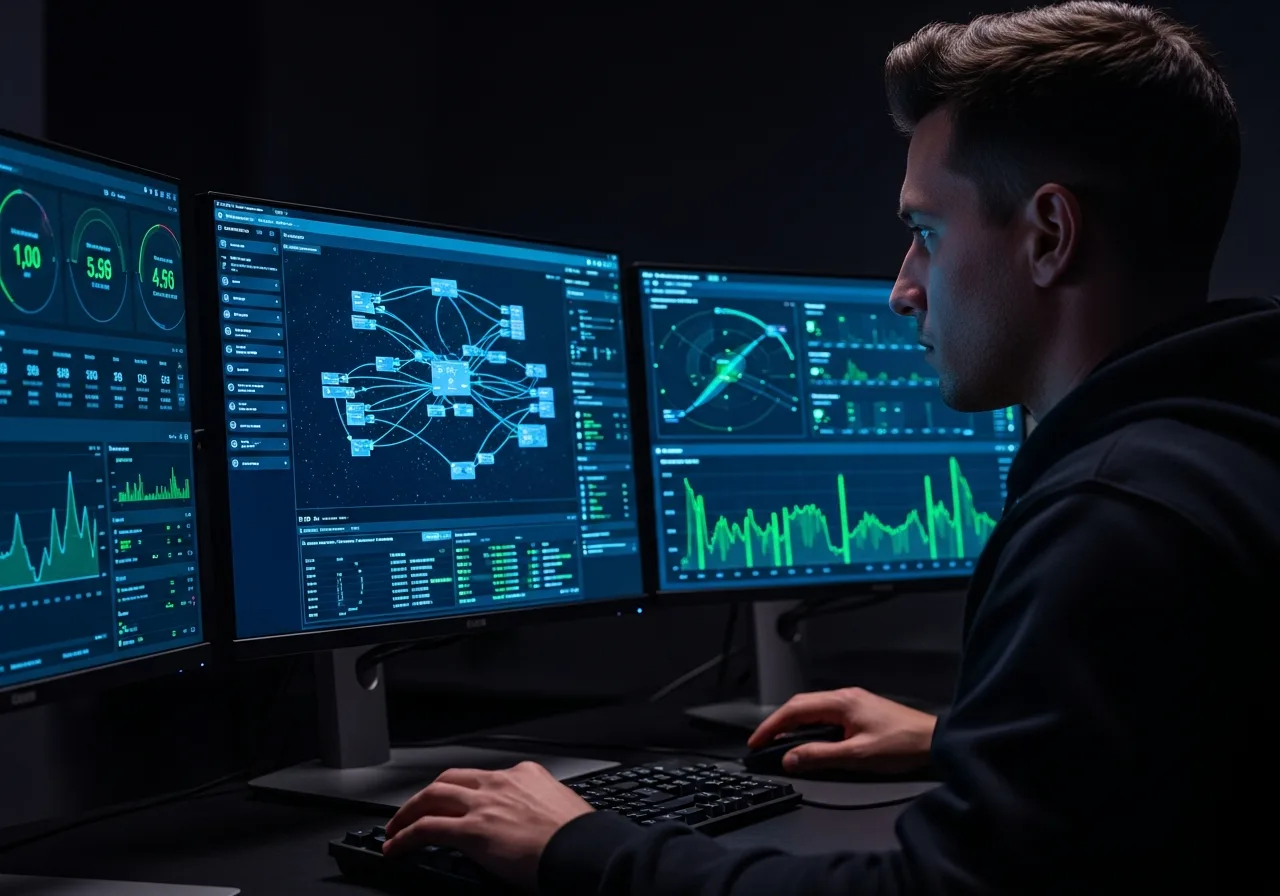 Cloud infrastructure engineer monitoring production dashboards and metrics