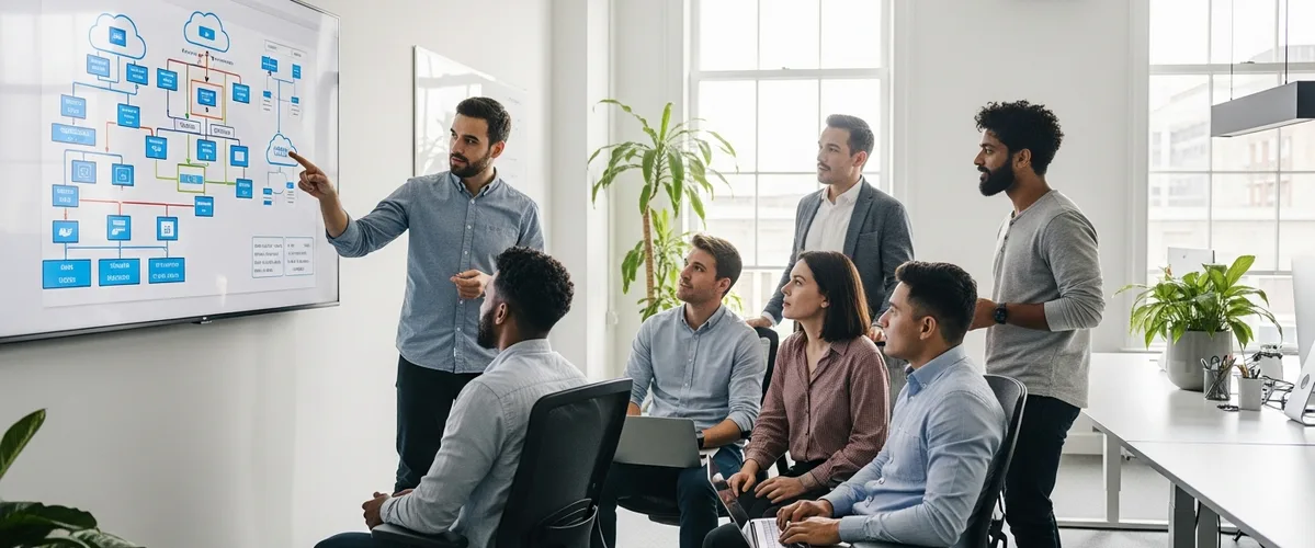 Cloud infrastructure engineering team collaborating on architecture design