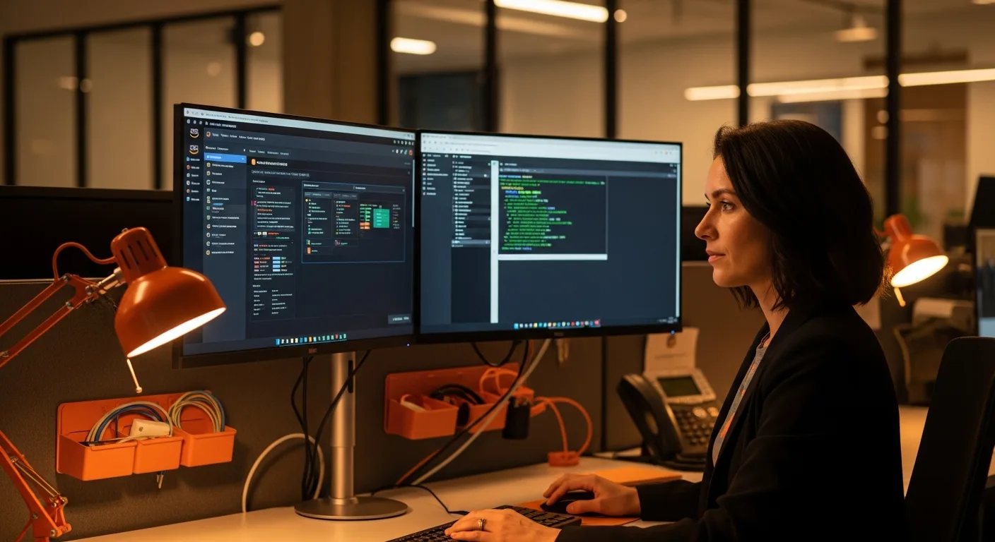 Cloud security engineer reviewing AWS IAM policies and threat detection alerts at a dual-monitor workstation