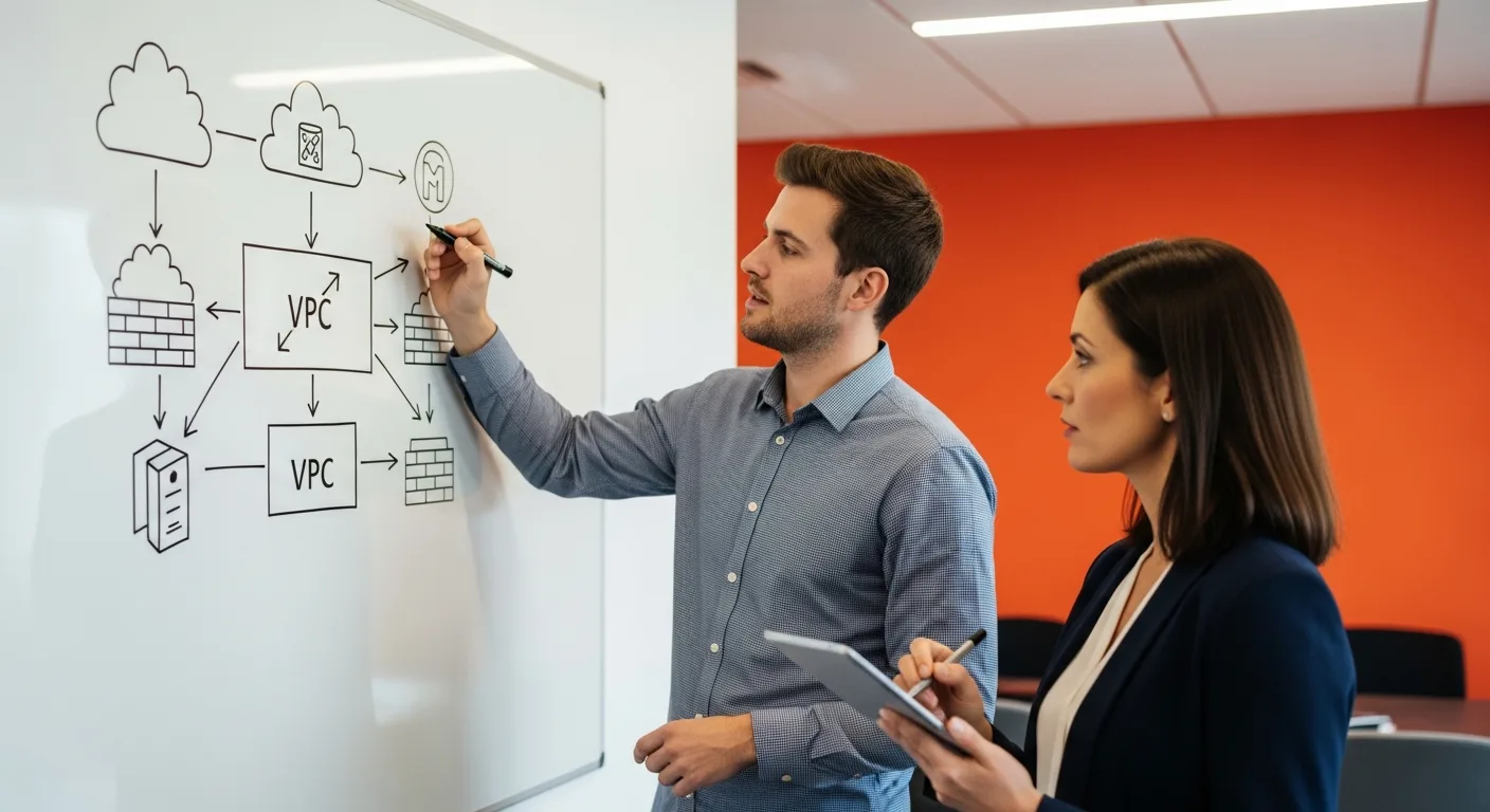 Cloud security candidate whiteboarding a network security architecture diagram during a technical interview