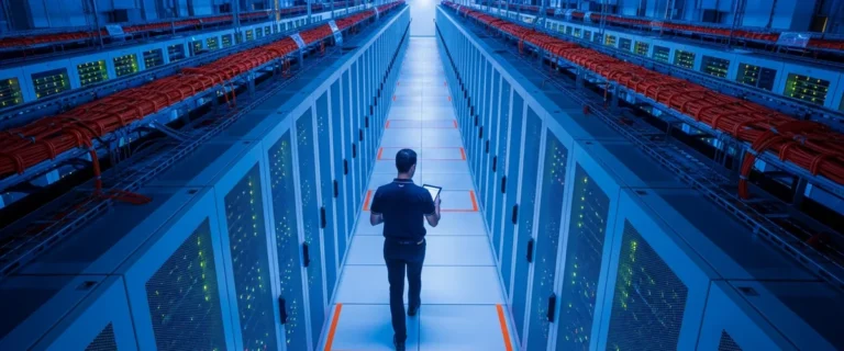 Cloud security professional inspecting server room infrastructure with blue LED lighting