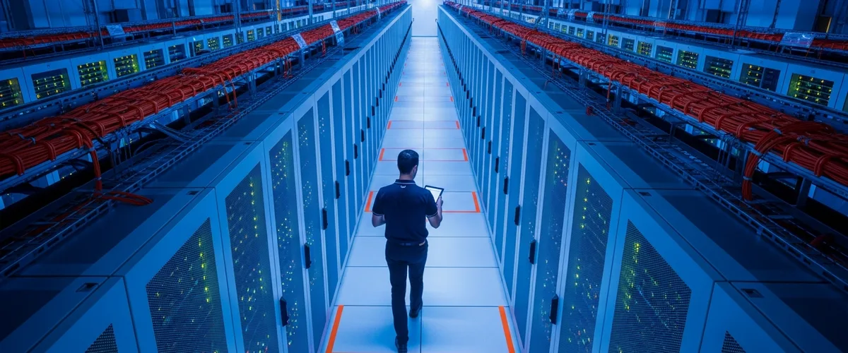 Cloud security professional inspecting server room infrastructure with blue LED lighting